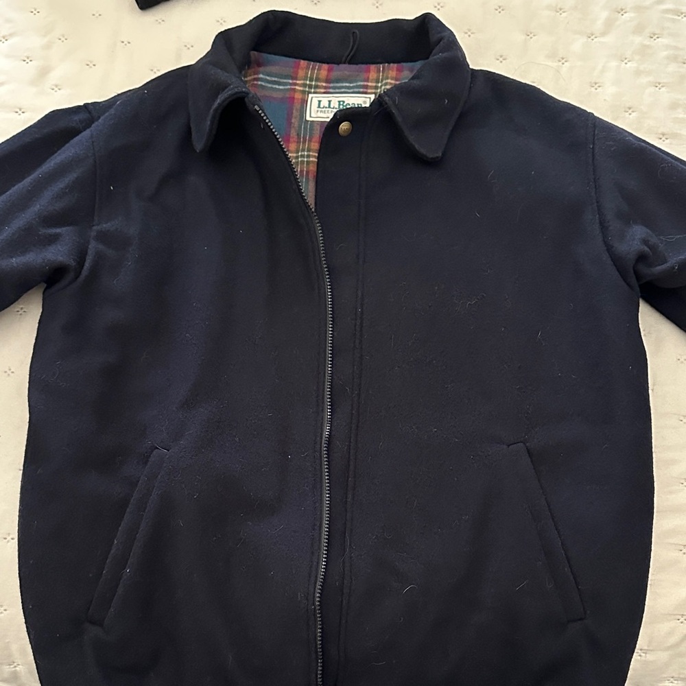 Vintage L.L. Bean Dark Blue Wool Jacket with Plaid Lining